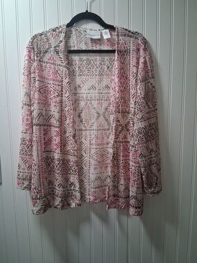 Alfred Dunner Pink and Cream Open-Front Patterned Women's Cardigan